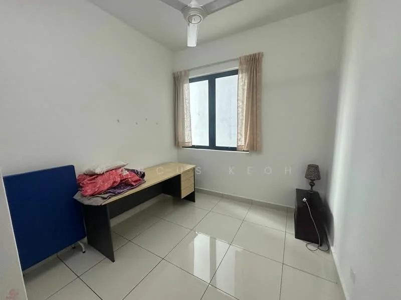 Room features: white painted walls, glossy ceramic tile flooring, floor-to-ceiling window, light curtains, ceiling fan, desk with black surface, blue upholstered chair, small bedside lamp, bedding on desk; style: minimalist.