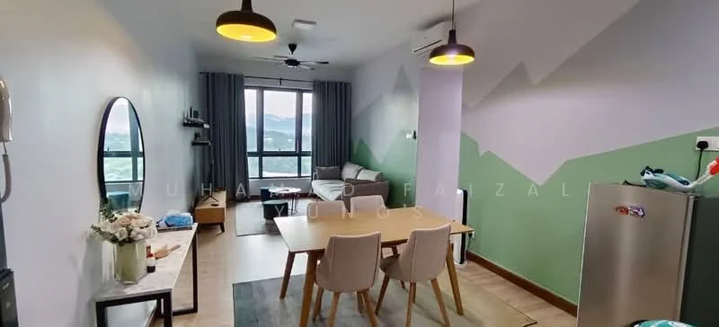 Living features: light grey painted walls, green accent wall, wooden flooring, 5-blade ceiling fan, 2 pendant lights, floor-to-ceiling windows, curtains, sofa, coffee table, dining table with 4 chairs, decorative mirror, refrigerator; style: modern; view: mountain.