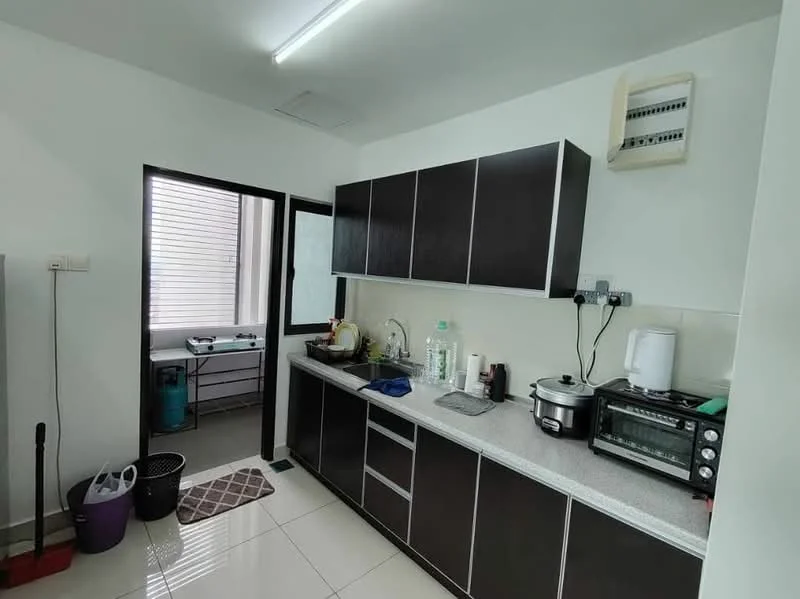 Kitchen features: dark wood cabinetry, white countertop, stainless-steel sink, chrome pull-down faucet, built-in oven, toaster, rice cooker, electric kettle, microwave, ceramic tile flooring, recessed ceiling lights, window with blinds, open shelving, wall-mounted electrical panel; style: modern.