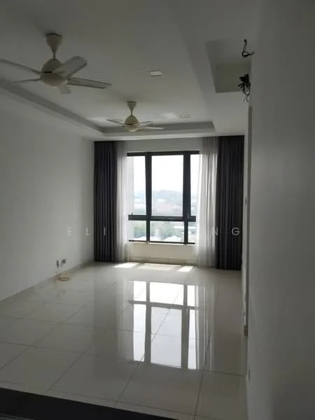 Living features: white painted walls, glossy ceramic tile flooring, tray ceiling, 2-blade ceiling fans, floor-to-ceiling windows, sheer curtains, dark grey curtains, city view; style: modern; view: city.