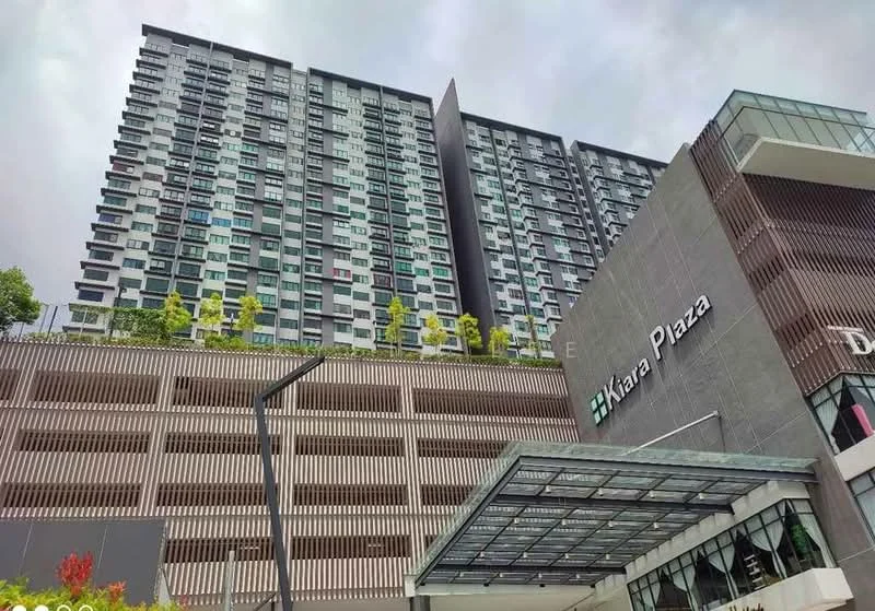 Exterior type: high-rise condominium; features: glass curtain wall, grey painted facade, recessed balconies, multi-storey car park, landscaped greenery on rooftop, covered entrance with awning, modern architectural design; style: modern.
