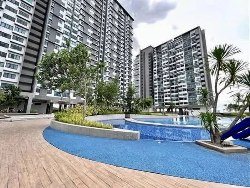Exterior type: high-rise condominium; features: swimming pool, pool deck with loungers, landscaped garden, manicured lawn, mature trees, blue rubberized flooring, concrete walkways, multiple high-rise buildings, water feature, children's slide; style: modern.