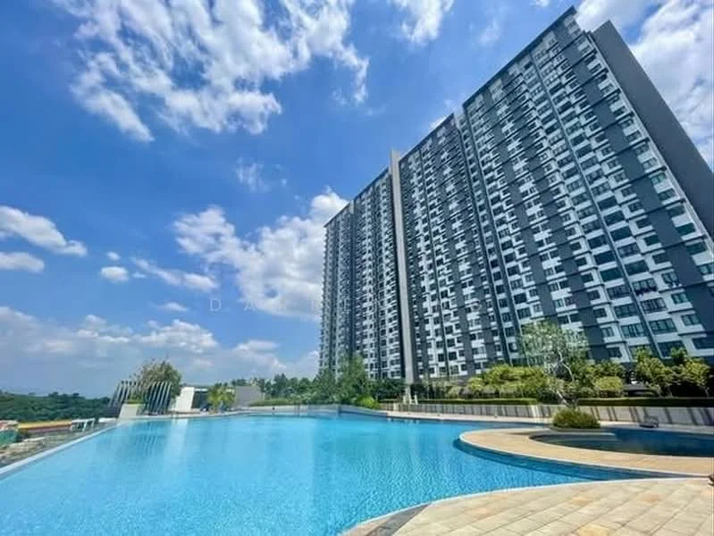 Exterior type: high-rise condominium; features: infinity pool, pool deck with loungers, landscaped garden, manicured lawn, surrounded by greenery, glass curtain wall facade, approximately 20-storey high-rise, outdoor amenities, water feature, paved walkway; style: modern.
