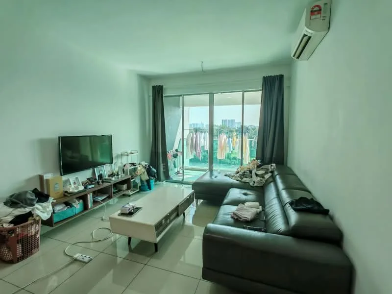 Living features: grey leather sectional sofa, coffee table, wall-mounted TV, TV console, floor-to-ceiling windows, curtains, air conditioning unit, ceramic tile flooring, white painted walls, decorative items on shelves, laundry hanging outside visible through windows; style: modern; view: city.
