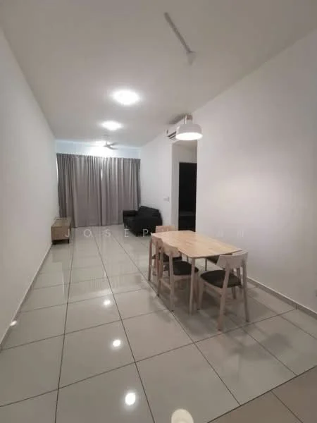 Dining features: rectangular dining table with wooden legs, 4 wooden dining chairs, white painted walls, grey floor tiles, ceiling with recessed downlights, 5-blade ceiling fan, curtains in light grey, sofa in black, air conditioning unit on wall; style: modern.