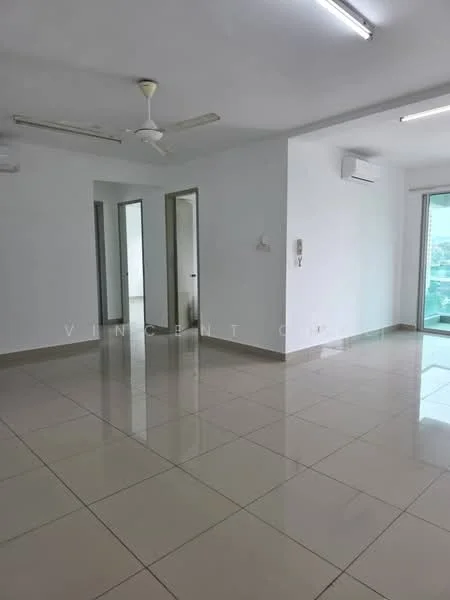 Room features: white painted walls, glossy ceramic tile flooring, 2 ceiling fans, 2 wall-mounted split AC units, floor-to-ceiling glass sliding door, natural light from large window, neutral color scheme, recessed ceiling lights; style: modern; view: city.