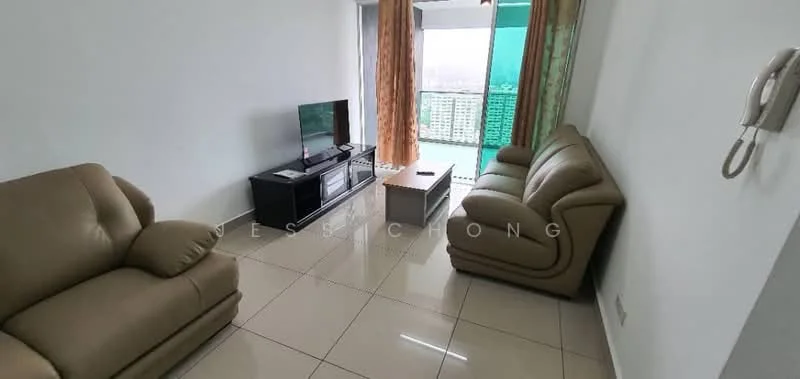 Living features: 2-seater leather sofa in beige, 3-seater leather sofa in beige, coffee table, TV console, wall-mounted TV, floor-to-ceiling windows, curtains in light fabric, glossy tile flooring, decorative wall with minimal decor, telephone on wall; style: modern; view: city.