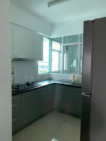 Kitchen features: grey cabinetry, white tiled walls, black countertop, stainless-steel fridge, 2-burner gas hob, sink with faucet, window with city view, ceramic tile flooring, under-cabinet lighting; style: modern; view: city.