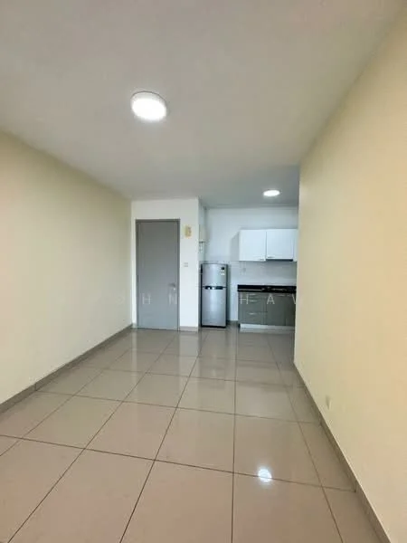 Living features: cream painted walls, glossy ceramic tile flooring, recessed downlights, single-door grey interior door, stainless-steel fridge, white cabinetry, kitchen countertop, open layout; style: modern.