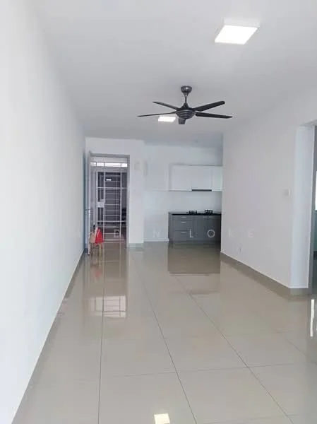 Living features: white painted walls, glossy ceramic tile flooring, 5-blade ceiling fan with light, recessed downlights, open layout, kitchen area visible in background, large windows for natural light, neutral color scheme; style: modern.