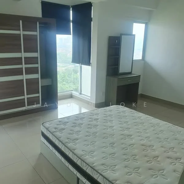 Bedroom features: queen-size bed with mattress, built-in wardrobe with sliding doors, study desk with mirror, floor-to-ceiling windows, blackout curtains, cream tiled flooring, white painted walls, city view; style: modern; view: city.