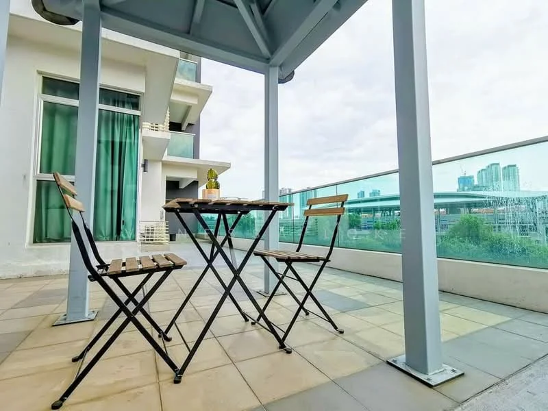 Balcony features: glass railing, tile flooring, metal frame, outdoor dining table, two folding chairs, potted plant, overhead shelter, city skyline view; style: modern; view: city.