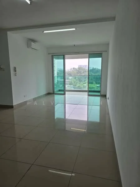 Living features: white painted walls, glossy ceramic tile flooring, floor-to-ceiling windows, sliding glass door, 1 wall-mounted split AC, recessed LED downlights; style: modern; view: garden.
