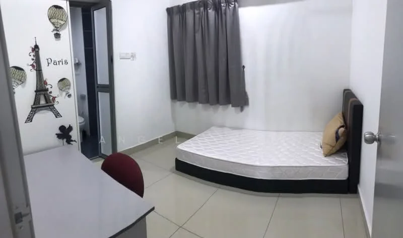 Bedroom features: single bed with mattress, grey upholstered headboard, decorative pillow, white painted walls, grey curtains, tile flooring, desk with chair, wall decal of Eiffel Tower, door to bathroom, built-in wardrobe; style: modern.