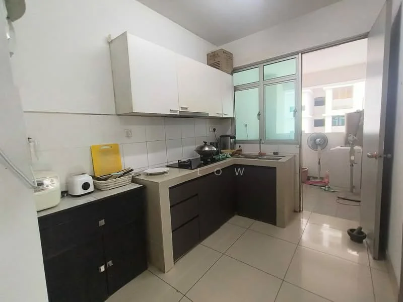 Kitchen features: white upper cabinets, dark lower cabinets, grey countertop, stainless-steel sink, chrome faucet, ceramic tile flooring, wall-mounted window, kitchen appliances including kettle and rice cooker, open layout to adjacent room, wall tiles, refrigerator, exhaust fan; style: modern.