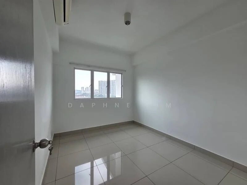 Room features: white painted walls, glossy ceramic tile flooring, floor-to-ceiling windows, 1 ceiling light fixture, 1 wall-mounted split AC, neutral color scheme, no visible furniture, city skyline view; style: modern; view: city.