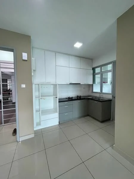 Kitchen features: white shaker cabinets, grey lower cabinets, stainless-steel gas hob, built-in oven, white tiled backsplash, laminate countertop, single-bowl stainless-steel sink, chrome pull-down faucet, recessed LED downlights, large window for natural light, cream painted walls, ceramic tile flooring; style: modern.