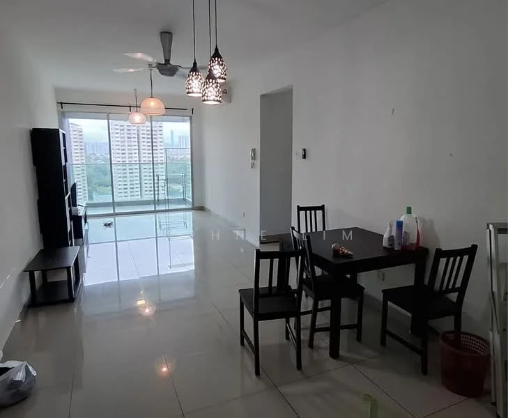 Living features: white painted walls, glossy ceramic tile flooring, 5-blade ceiling fan with light, hanging pendant lights, floor-to-ceiling windows, sliding glass door, black TV console, dining table with 4 chairs, glass coffee table, balcony view, decorative wall art; style: modern; view: city.