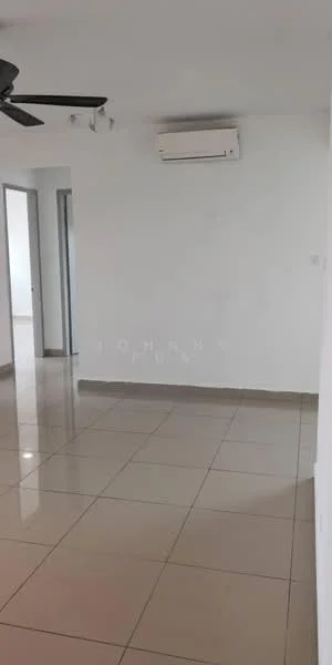 Room features: white painted walls, glossy ceramic tile flooring, 1 wall-mounted split AC, ceiling fan, doorway leading to another room, neutral color scheme, recessed lighting, no visible furniture; style: modern.