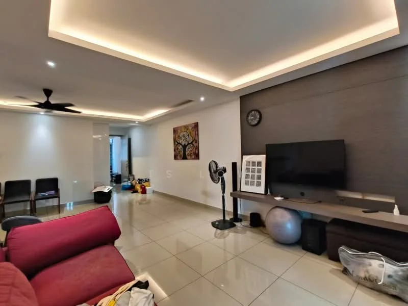 Living features: red fabric sofa, black ceiling fan, wall-mounted TV, wooden TV console, decorative wall art, recessed lighting, glossy tile flooring, light-colored walls, dark accent wall, round exercise ball, floor fan, clock on wall; style: modern.