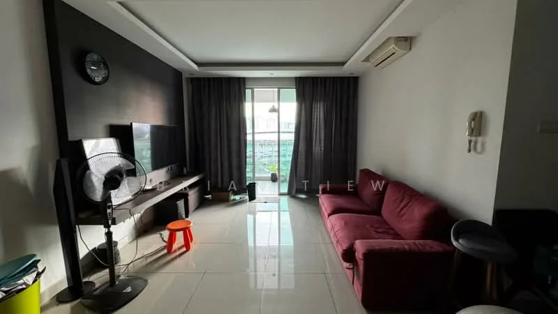 Living features: red fabric sofa, 3-seater sofa, black wall-mounted TV, TV console, floor-to-ceiling windows, sliding glass door, grey curtains, white walls, glossy tile flooring, ceiling-mounted air conditioning unit, decorative wall clock, small round red stool, black standing fan; style: modern; view: garden.