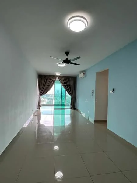 Living features: light blue painted walls, glossy beige tile flooring, 5-blade ceiling fan with light, recessed downlights, floor-to-ceiling windows, sheer curtains, sliding glass door, air conditioning unit; style: modern; view: city.