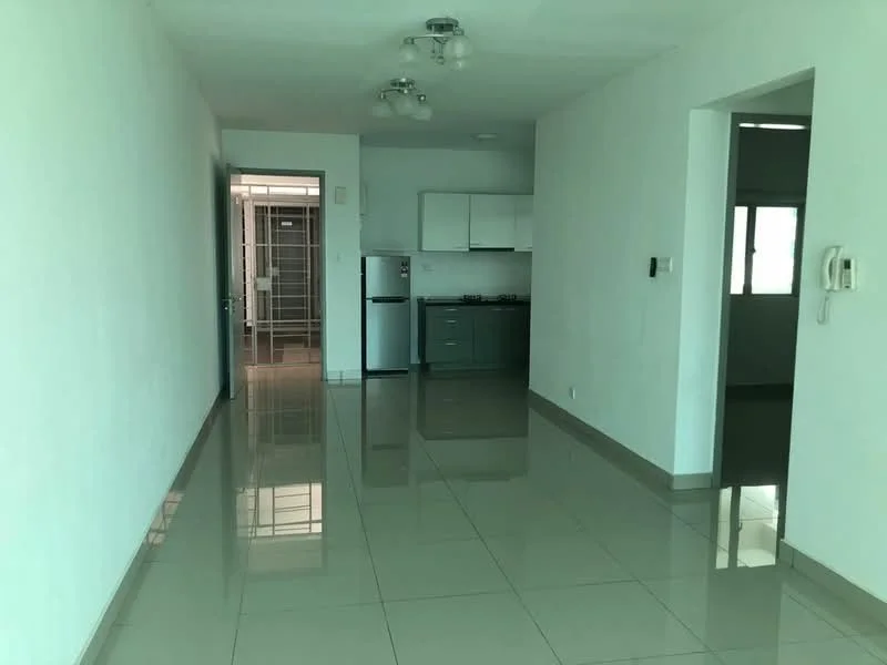 Living features: white painted walls, glossy tile flooring, recessed ceiling lights, open layout, kitchen area visible, fridge, gas stove, kitchen cabinets; style: modern.