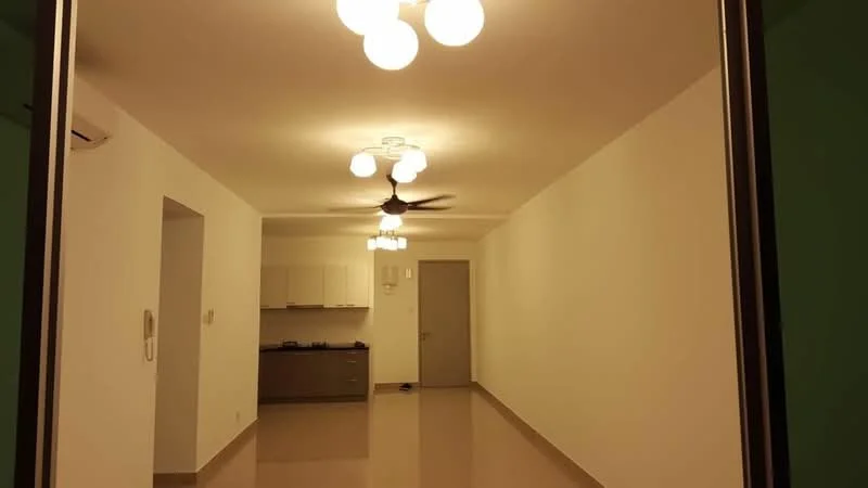 Living features: white painted walls, polished tile flooring, 5-blade ceiling fan, recessed downlights, kitchenette with cabinets, countertop, wall-mounted split AC, door leading to another room; style: modern.