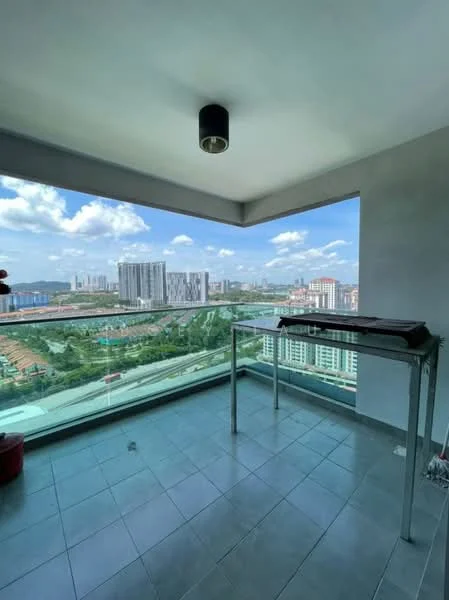 Balcony features: glass railing, grey tiled flooring, ceiling light fixture, open view, city skyline view; style: modern; view: city.