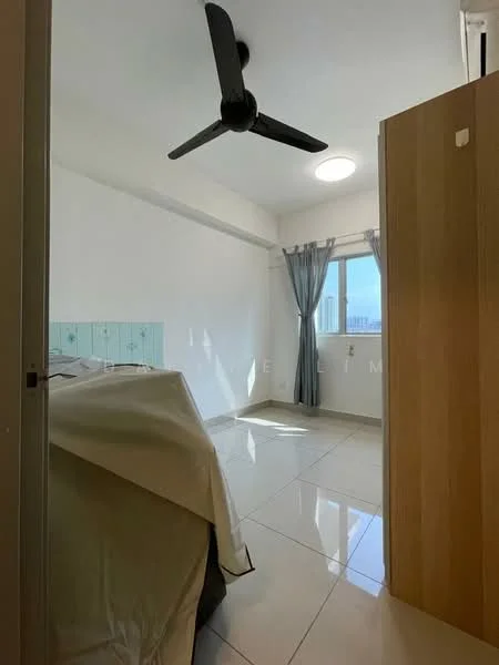 Bedroom features: white painted walls, glossy tile flooring, 5-blade ceiling fan, floor-to-ceiling window, sheer curtains, bed with beige bedding, built-in wardrobe, natural light from window; style: modern; view: city.