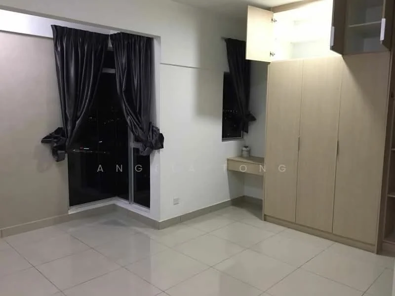 Room features: white painted walls, grey accent wall, floor-to-ceiling windows, blackout curtains, tile flooring, built-in wardrobe, built-in desk, light fixture; style: modern; view: city.