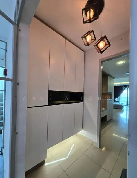 Room features: white cabinetry with flat-panel doors, black countertop, recessed lighting under cabinets, pendant lights with geometric design, glossy tile flooring, neutral wall color, open layout leading to another room; style: modern.