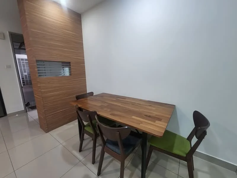 Dining features: wood dining table, 4 dining chairs, green upholstered chair, brown wooden chair, white painted walls, tile flooring, wood feature wall, window with glass panel; style: modern.
