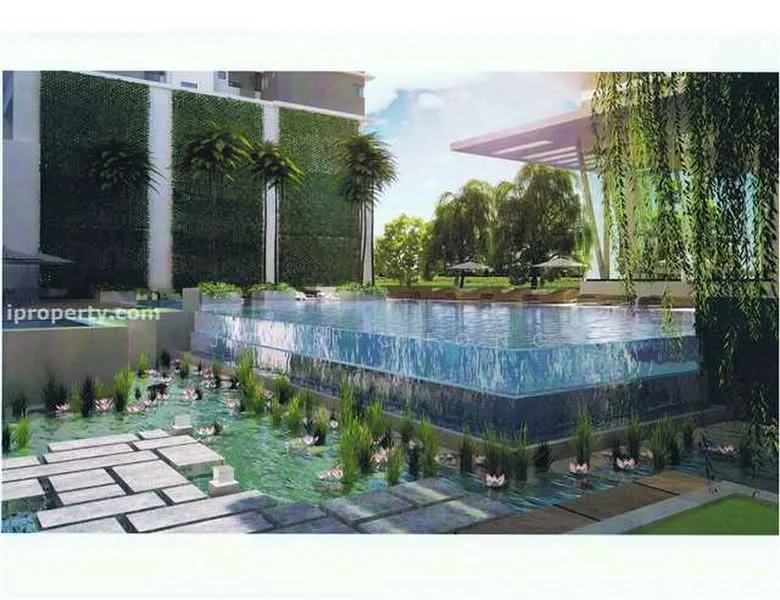 Exterior type: swimming pool deck; features: infinity pool with water feature, surrounding landscaping with tropical plants, stone-paved walkway, water lilies in the pool, manicured lawn, green wall with climbing plants, deck area with loungers, palm trees, modern architectural elements; style: modern.