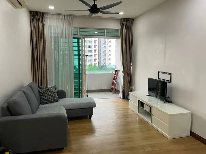 Living features: 3-seater fabric sofa in grey, wooden flooring, wall-mounted TV, white TV console, ceiling fan, floor-to-ceiling windows, sheer curtains, green balcony view, air conditioning unit; style: modern; view: city.