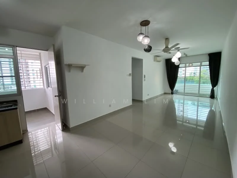 Living features: white painted walls, glossy ceramic tile flooring, 5-blade ceiling fan with light, pendant light fixture, floor-to-ceiling windows, blackout curtains, sliding glass door, open layout, natural light, wall-mounted air conditioning unit; style: modern; view: garden. Kitchen features: single-bowl stainless-steel sink, built-in cabinetry, countertop space, kitchen appliances visible; style: modern.