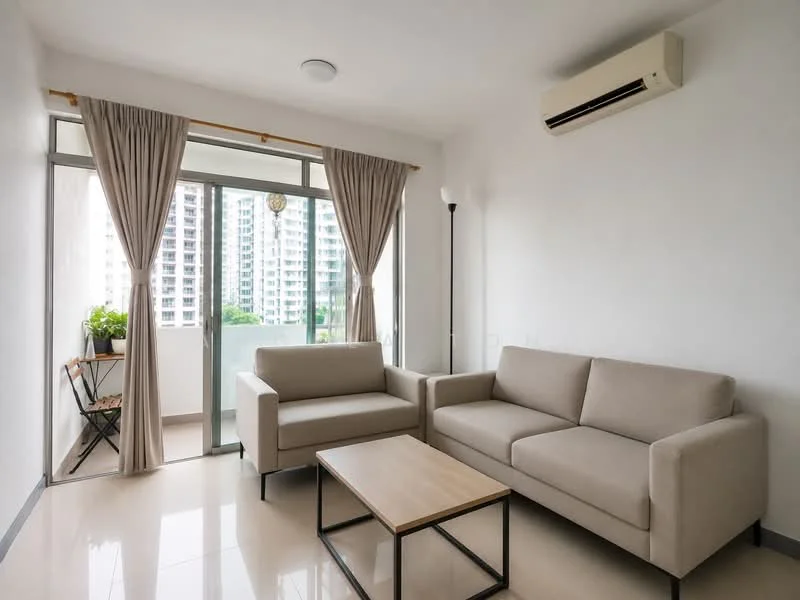 Living features: 2-seater fabric sofa in beige, 3-seater fabric sofa in beige, wood coffee table, floor-to-ceiling windows, sheer curtains, wall-mounted split AC, light-colored walls, glossy tile flooring, decorative plant on balcony, lamp, balcony view; style: modern; view: city.