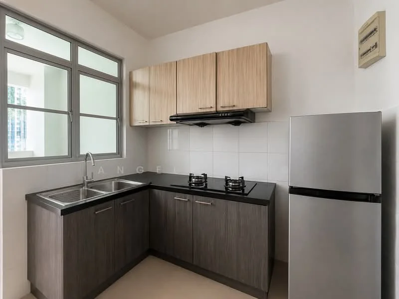 Kitchen features: L-shaped kitchen layout, black granite countertop, stainless-steel single-bowl sink, chrome pull-down faucet, two-burner gas hob, built-in range hood, wood cabinetry in light brown, dark wood lower cabinets, white tiled backsplash, stainless-steel fridge, floor-to-ceiling window, neutral wall color, light-colored flooring; style: modern.