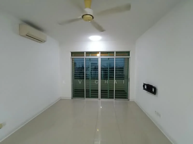 Living features: white painted walls, glossy tile flooring, 5-blade ceiling fan, floor-to-ceiling sliding glass doors, window treatments not visible, wall-mounted TV console, air conditioning unit, neutral decor; style: modern; view: city.