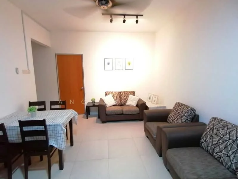 Living features: 3-seater fabric sofa in beige, 2-seater fabric sofa in beige, 2 armchairs in grey, coffee table, dining table with checkered tablecloth, 4 dining chairs, ceiling fan, recessed lighting, white painted walls, tile flooring, framed artwork on walls; style: modern.