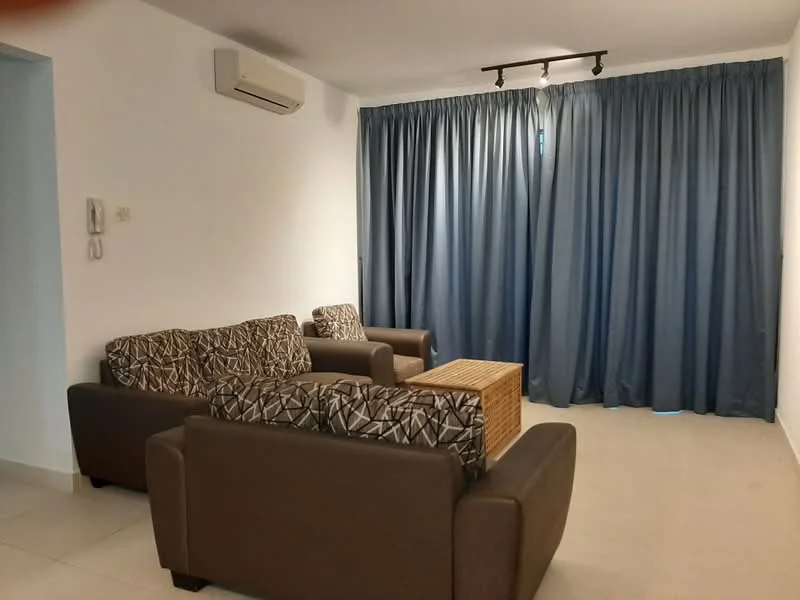 Living features: 2 brown leather armchairs, 1 three-seater fabric sofa with patterned cushions, coffee table with woven design, light grey tiled flooring, white painted walls, air conditioning unit on wall, blue curtains covering window, track lighting on ceiling; style: modern.