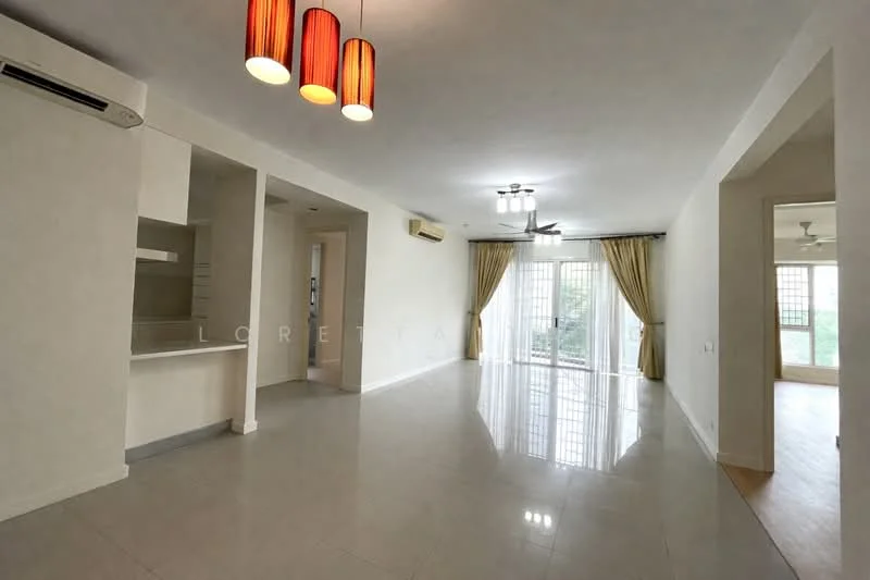 Living features: white painted walls, polished ceramic tile flooring, 5-blade ceiling fan with light, recessed downlights, three pendant lamps, floor-to-ceiling sliding glass door, curtains, air conditioning unit, open layout to kitchen, natural light from windows, view of greenery; style: modern; view: garden. Kitchen features: white cabinetry, countertop, open layout to living area; style: modern.