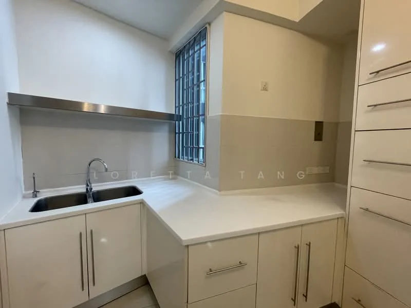 Kitchen features: double-bowl stainless-steel sink, chrome pull-down faucet, white quartz countertop, white cabinetry with flat-panel doors, stainless-steel backsplash, corner countertop layout, built-in storage cabinets, window with metal grille, tile flooring; style: modern.