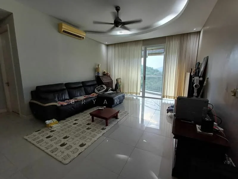 Living features: black leather sectional sofa, coffee table, TV console, wall-mounted TV, area rug with geometric pattern, floor-to-ceiling windows, sheer curtains, 1 wall-mounted split AC, recessed downlights, light-colored walls, glossy tile flooring, ceiling fan; style: modern; view: city.