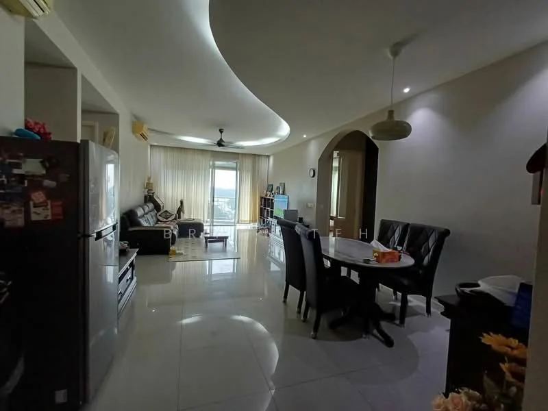 Living features: cream painted walls, white ceiling with recessed downlights, 5-blade ceiling fan, floor-to-ceiling windows, sliding glass door, grey fabric sofa, black dining table with chairs, marble tile flooring, decorative wall clock, TV console, area rug; style: modern; view: city. Kitchen features: stainless-steel fridge, white cabinetry, granite countertop, built-in oven, freestanding range oven, microwave, open shelving; style: modern.