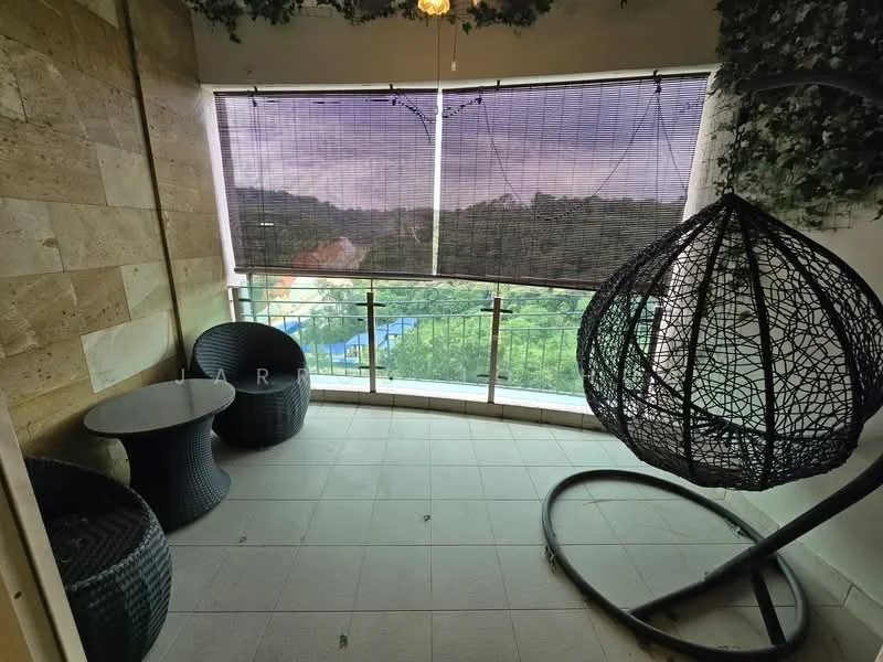 Balcony features: hanging rattan chair, black round side table, black wicker chairs, tile flooring, roller blinds, greenery view, decorative wall with stone cladding, ceiling light fixture; style: modern; view: garden.