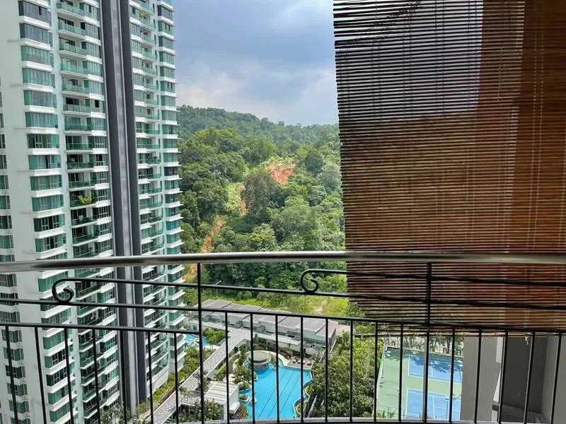 Room features: balcony with railing, bamboo window treatment, view of greenery, view of swimming pool, view of tennis court, high-rise building adjacent, glass facade of nearby buildings; style: modern; view: garden.