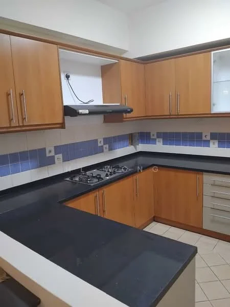 Kitchen features: wood cabinetry, black granite countertop, blue tiled backsplash, stainless-steel gas hob, stainless-steel range hood, built-in oven, under-cabinet lighting, ceramic tile flooring, double-bowl stainless-steel sink; style: modern.