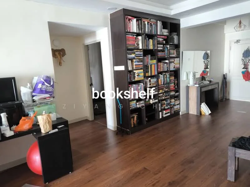 Living features: wood laminate flooring, white painted walls, built-in bookshelf filled with books, black TV console, mirror on console, decorative wall hanging, red exercise ball, various items on console, open layout, ceiling with recessed lighting; style: modern.