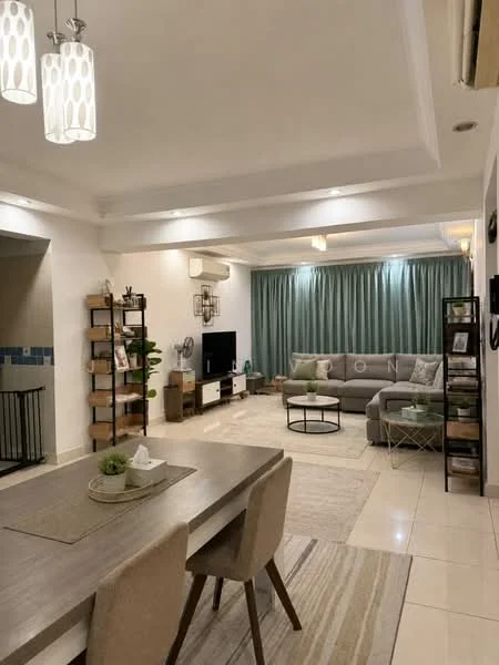 Living features: light grey fabric sectional sofa, coffee table with metal frame, area rug with geometric pattern, wall-mounted TV, TV console with storage, floor-to-ceiling curtains in teal, recessed downlights, 2-blade ceiling fan, decorative wall shelves, potted plants, decorative artwork, cream painted walls, tile flooring, dining table with 4 upholstered chairs; style: modern.